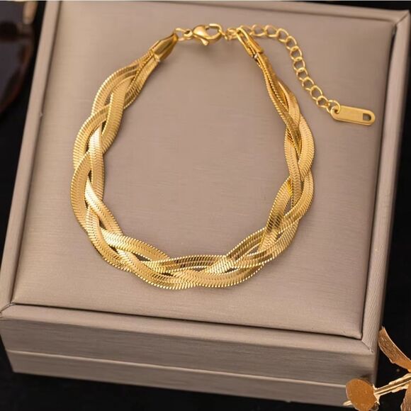 18K Yellow Gold on Titanium Steel Snake 3 Strand Chain Tennis Bracelet - Picture 1 of 5